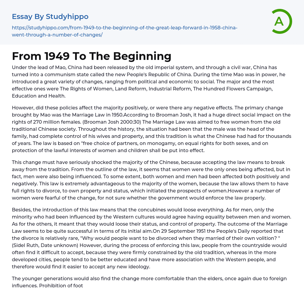 From 1949 To The Beginning Essay Example