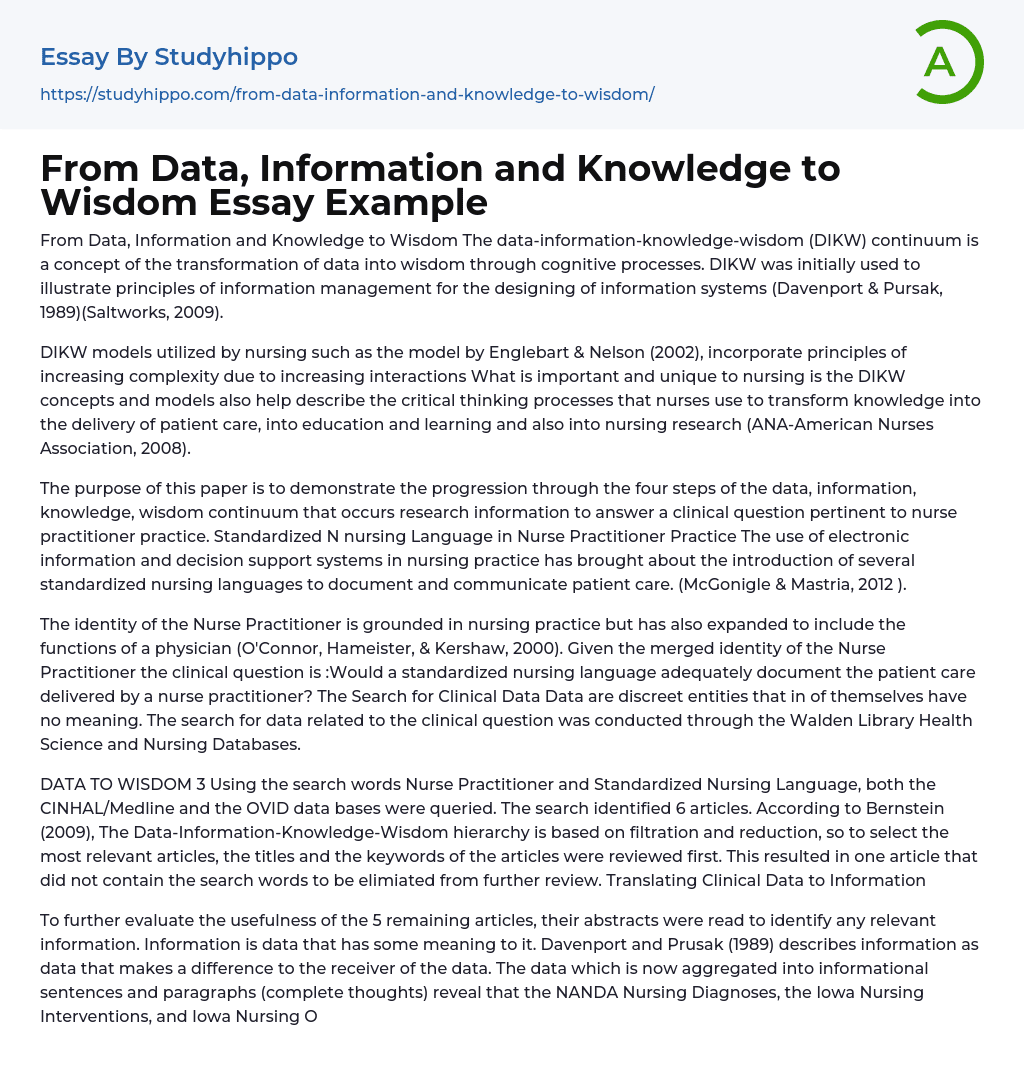 From Data, Information and Knowledge to Wisdom Essay Example
