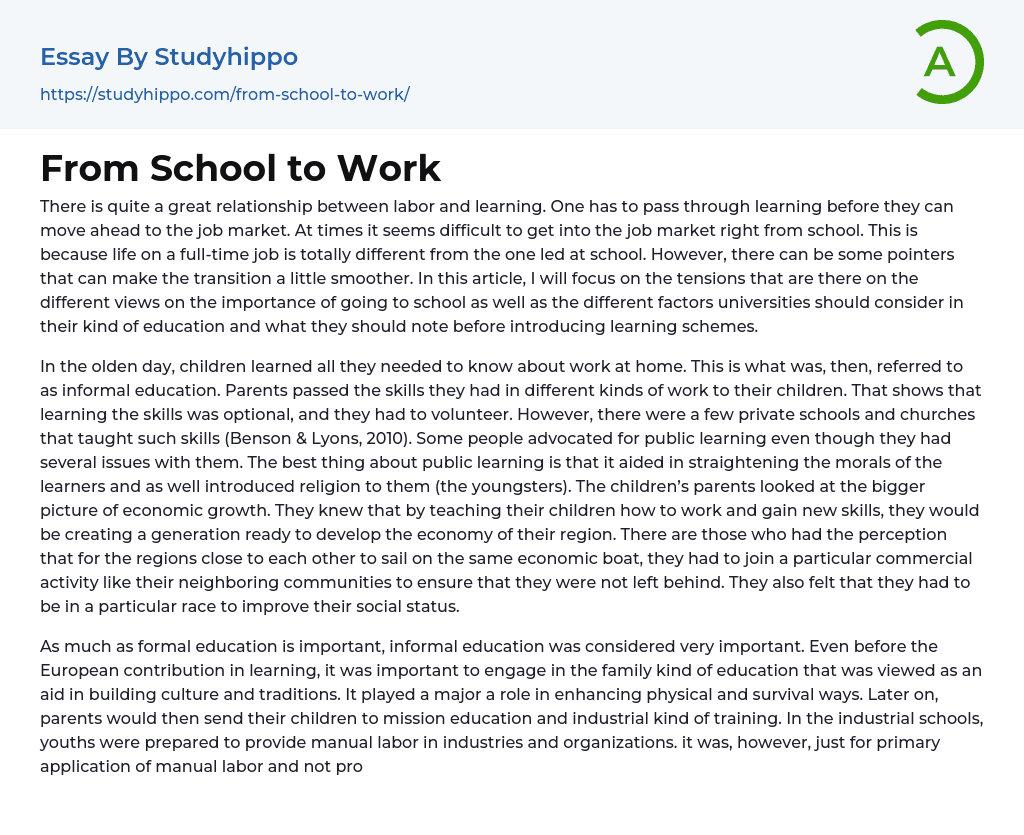 From School to Work Essay Example