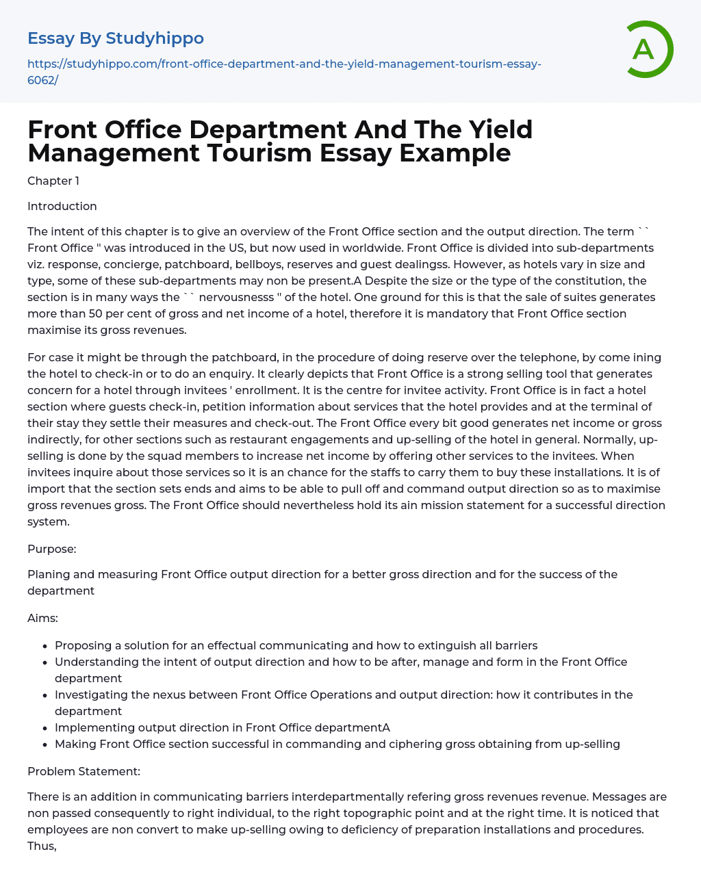 Front Office Department And The Yield Management Tourism Essay Example