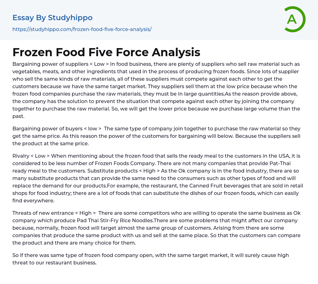 Frozen Food Five Force Analysis Essay Example