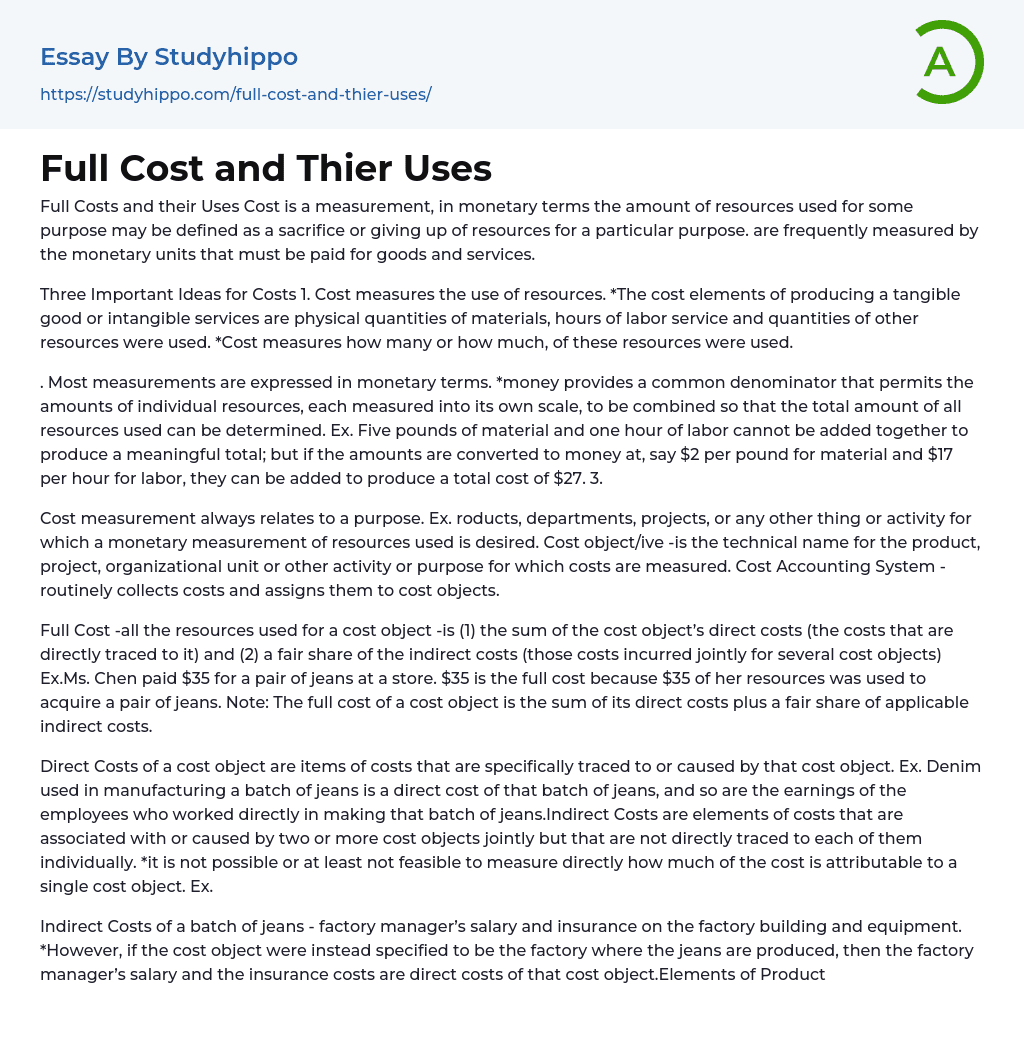 Full Cost and Thier Uses Essay Example