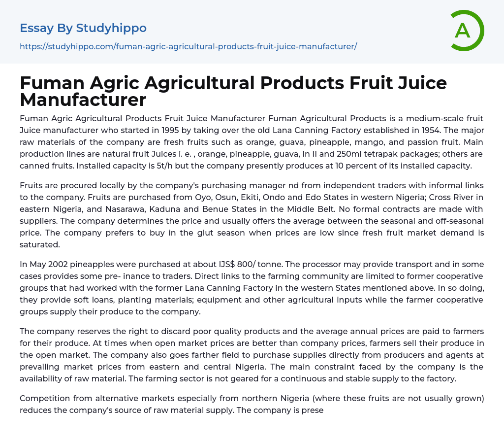 Fuman Agric Agricultural Products Fruit Juice Manufacturer Essay Example