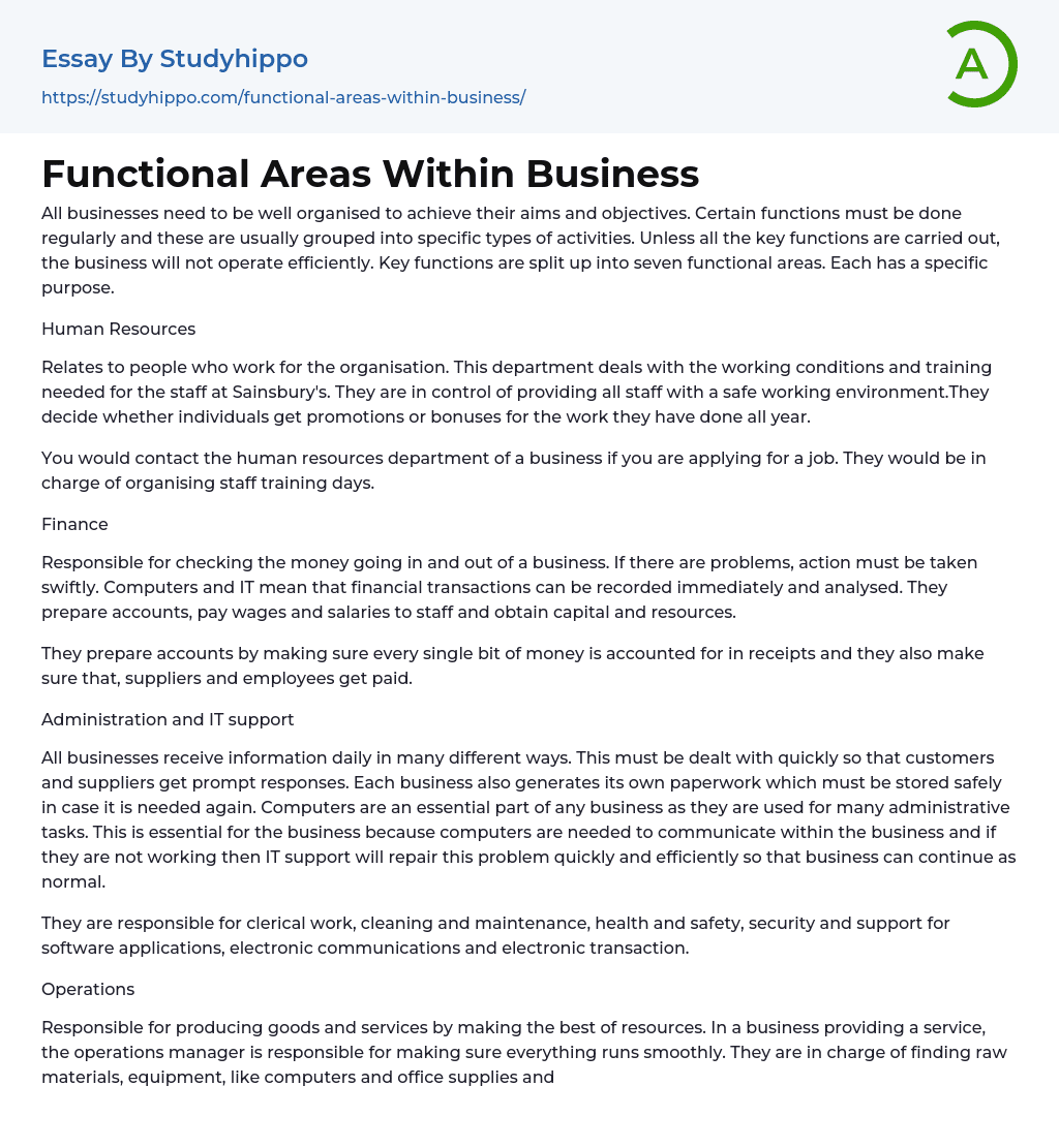 Functional Areas Within Business Essay Example