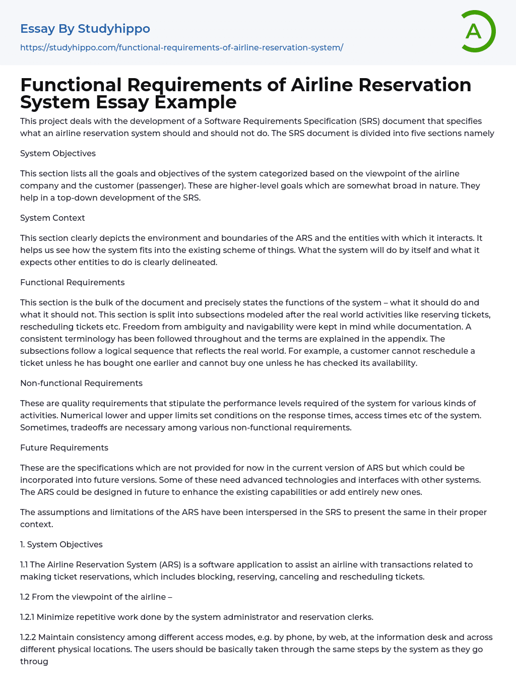 Functional Requirements of Airline Reservation System Essay Example