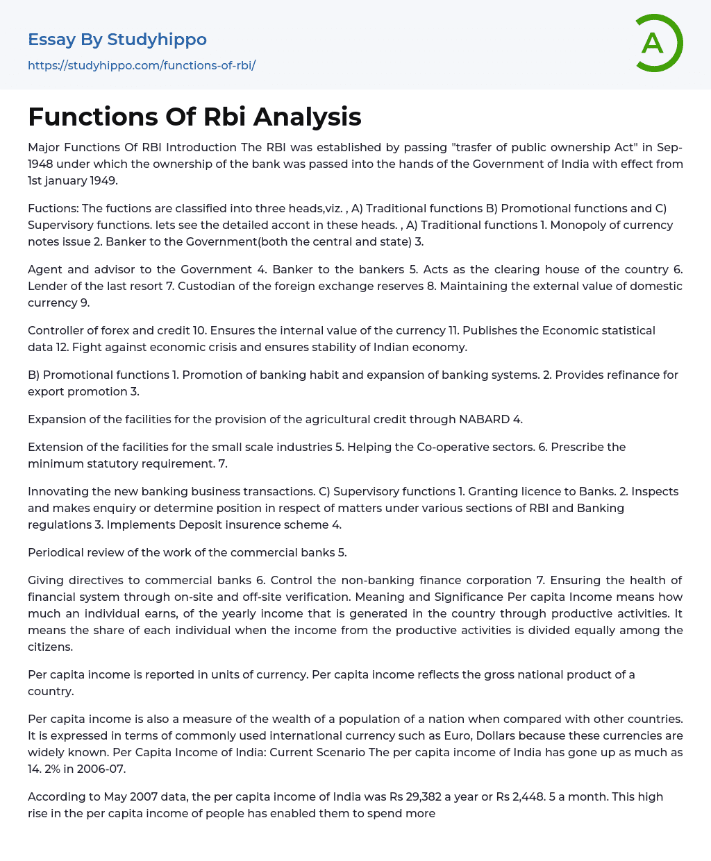 Functions Of Rbi Analysis Essay Example