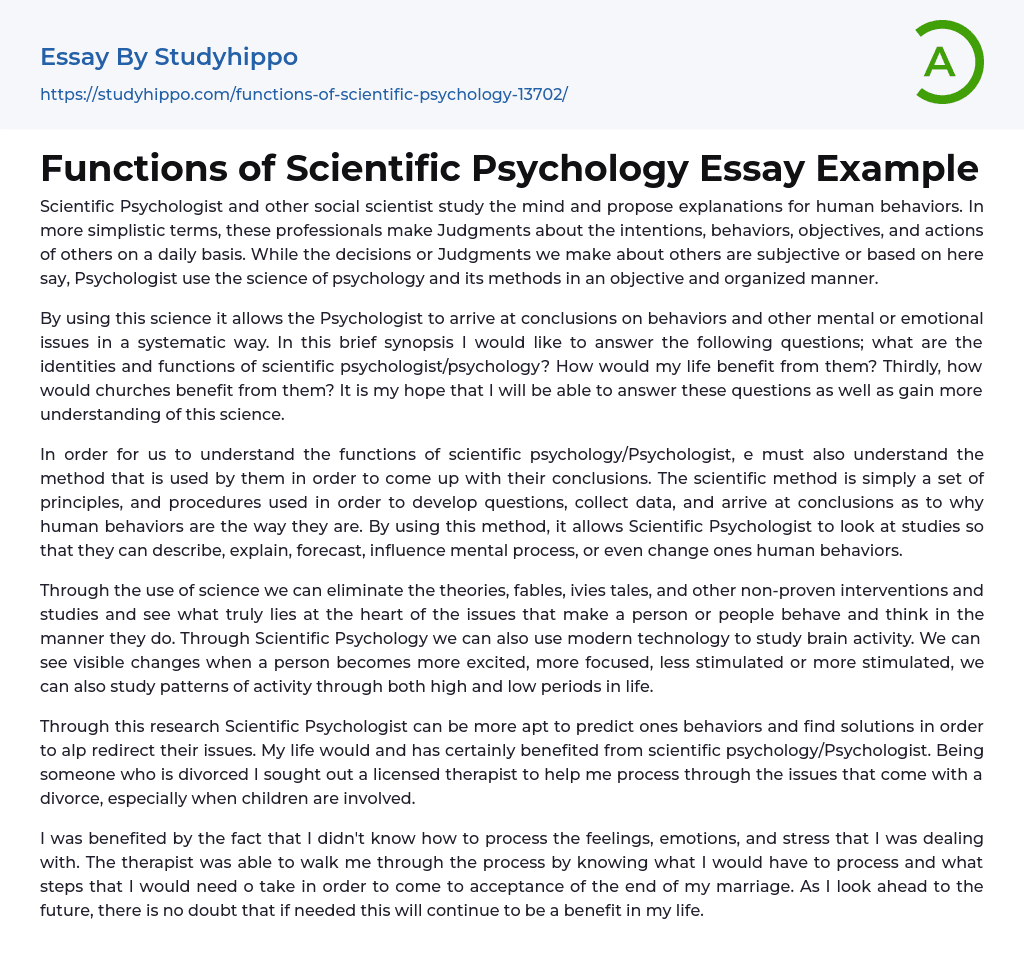 Functions of Scientific Psychology Essay Example