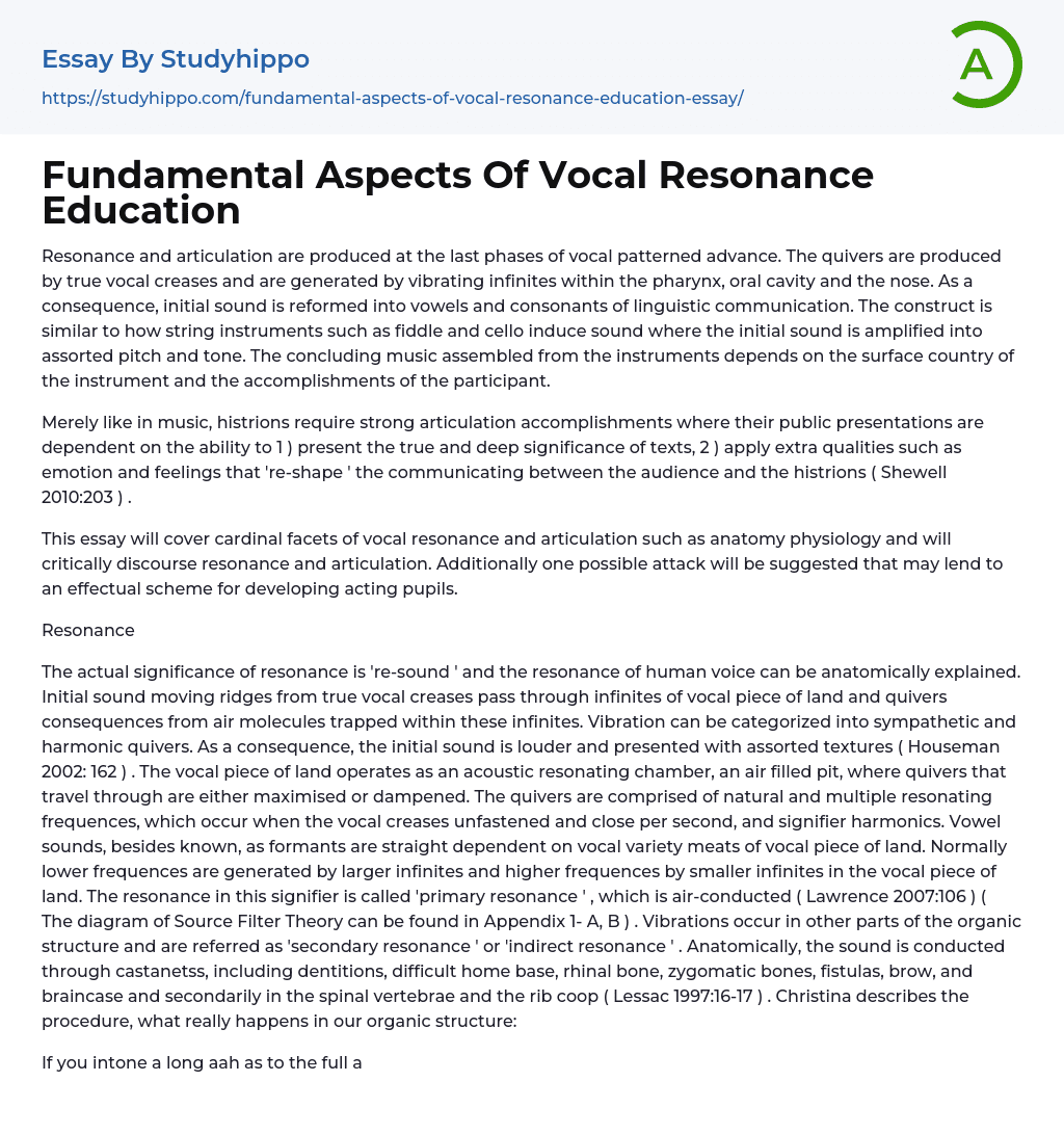 Fundamental Aspects Of Vocal Resonance Education Essay Example