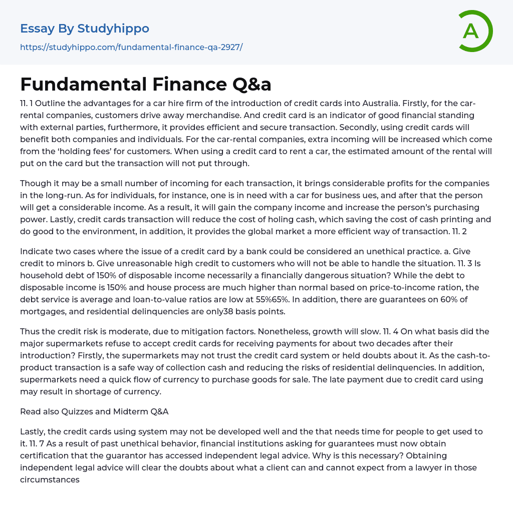 Fundamental Finance Q&a Essay Example