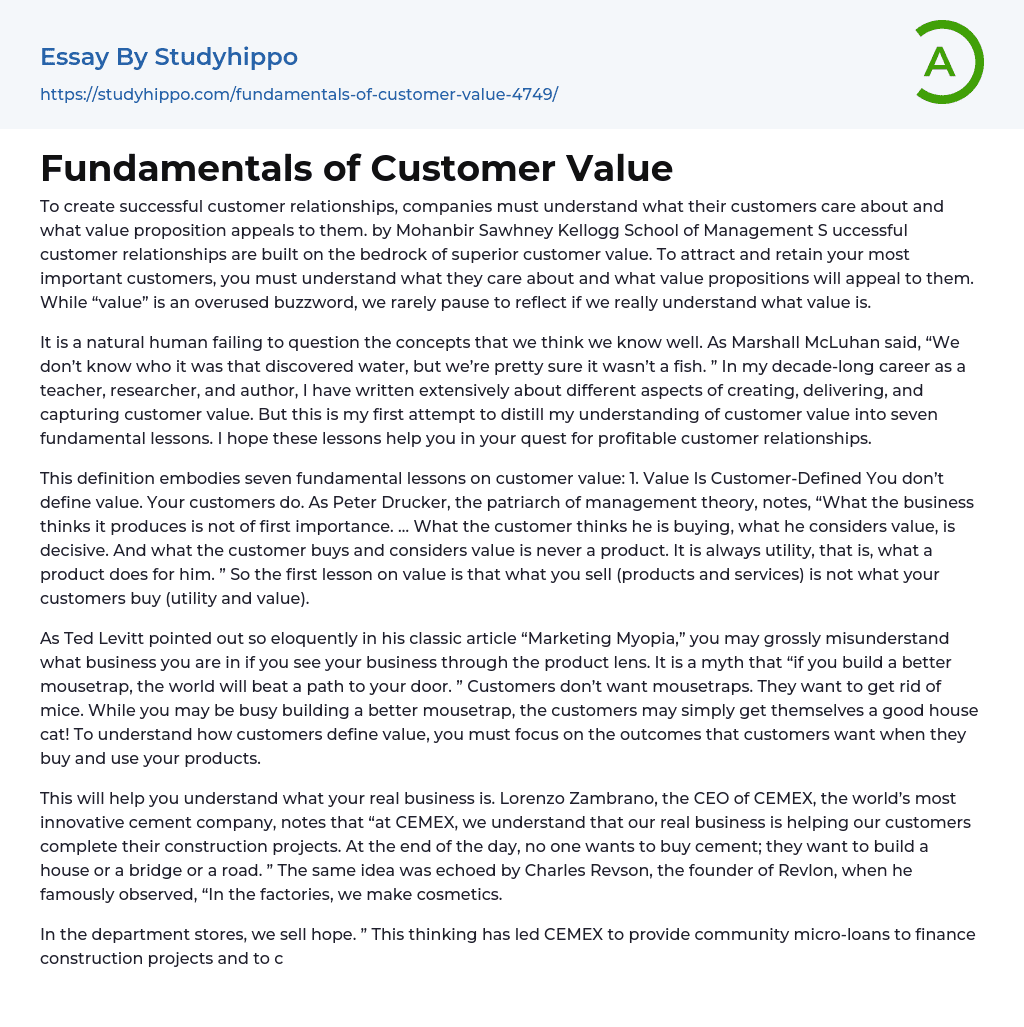 Fundamentals of Customer Value Essay Example