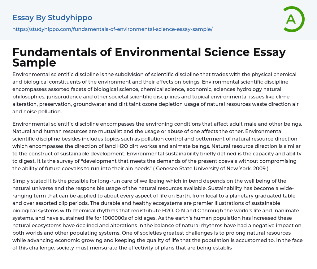 Fundamentals of Environmental Science Essay Sample
