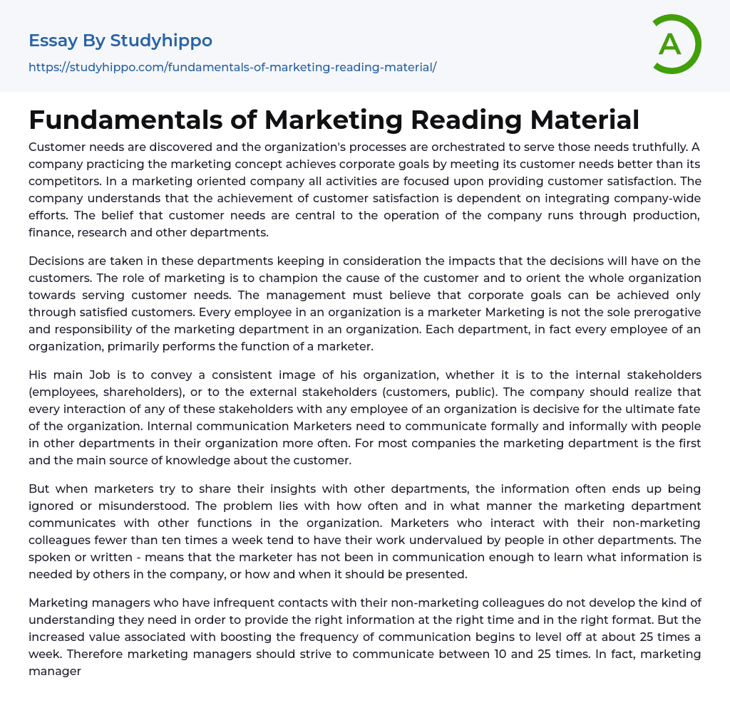 Fundamentals of Marketing Reading Material Essay Example