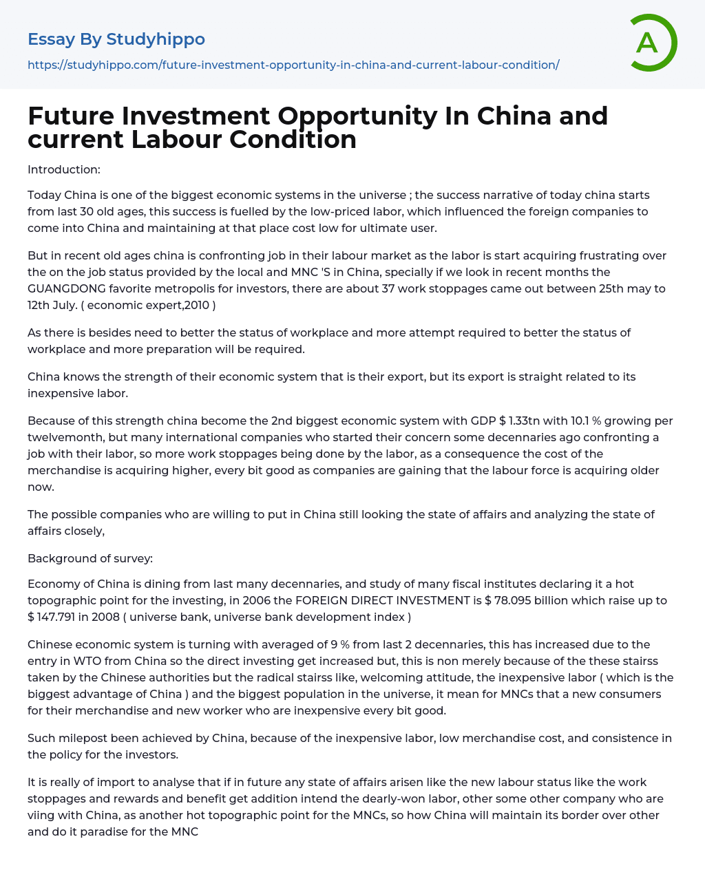 Future Investment Opportunity In China and current Labour Condition Essay Example