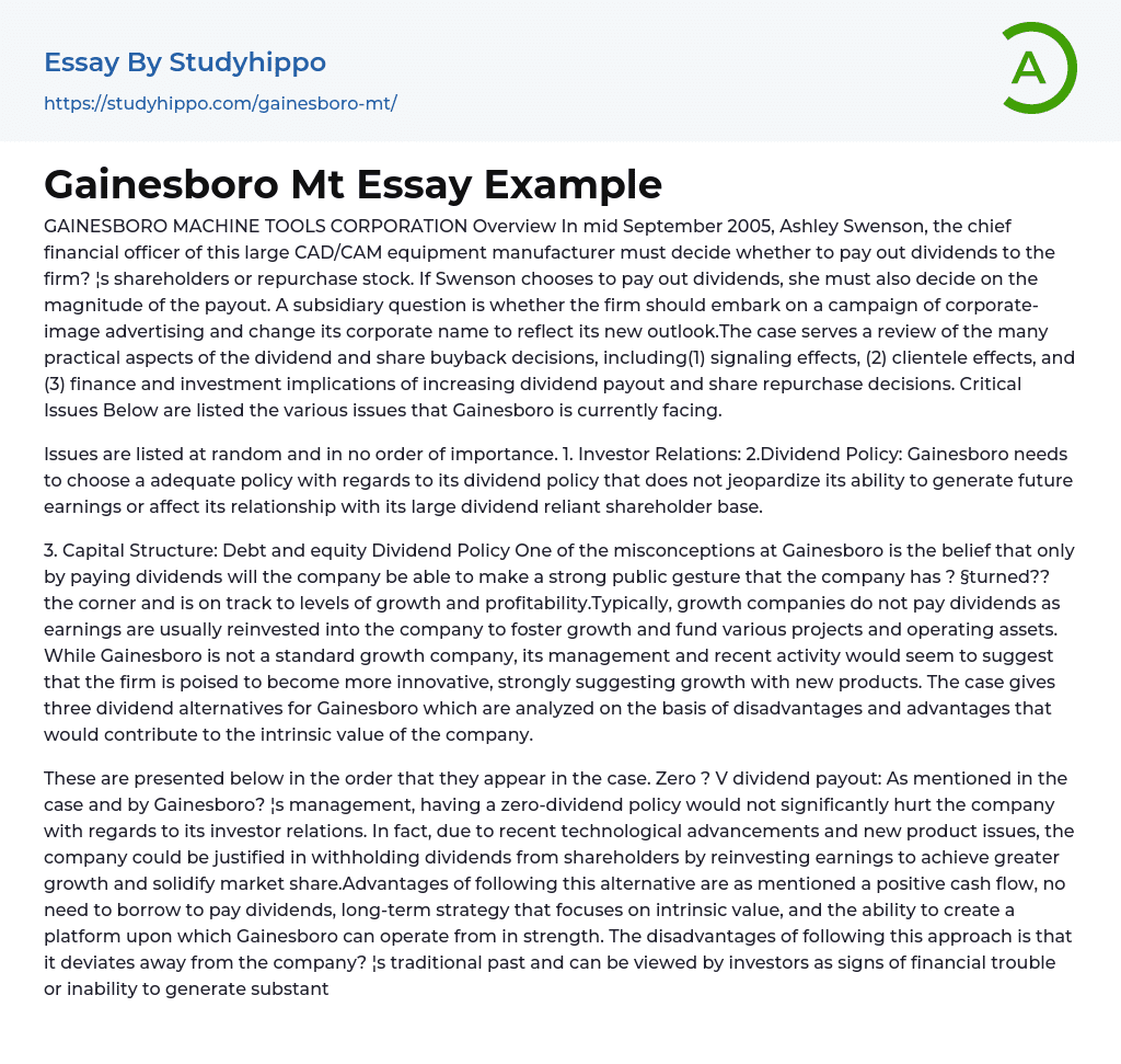 Gainesboro Machine Tools Corporation Essay Example