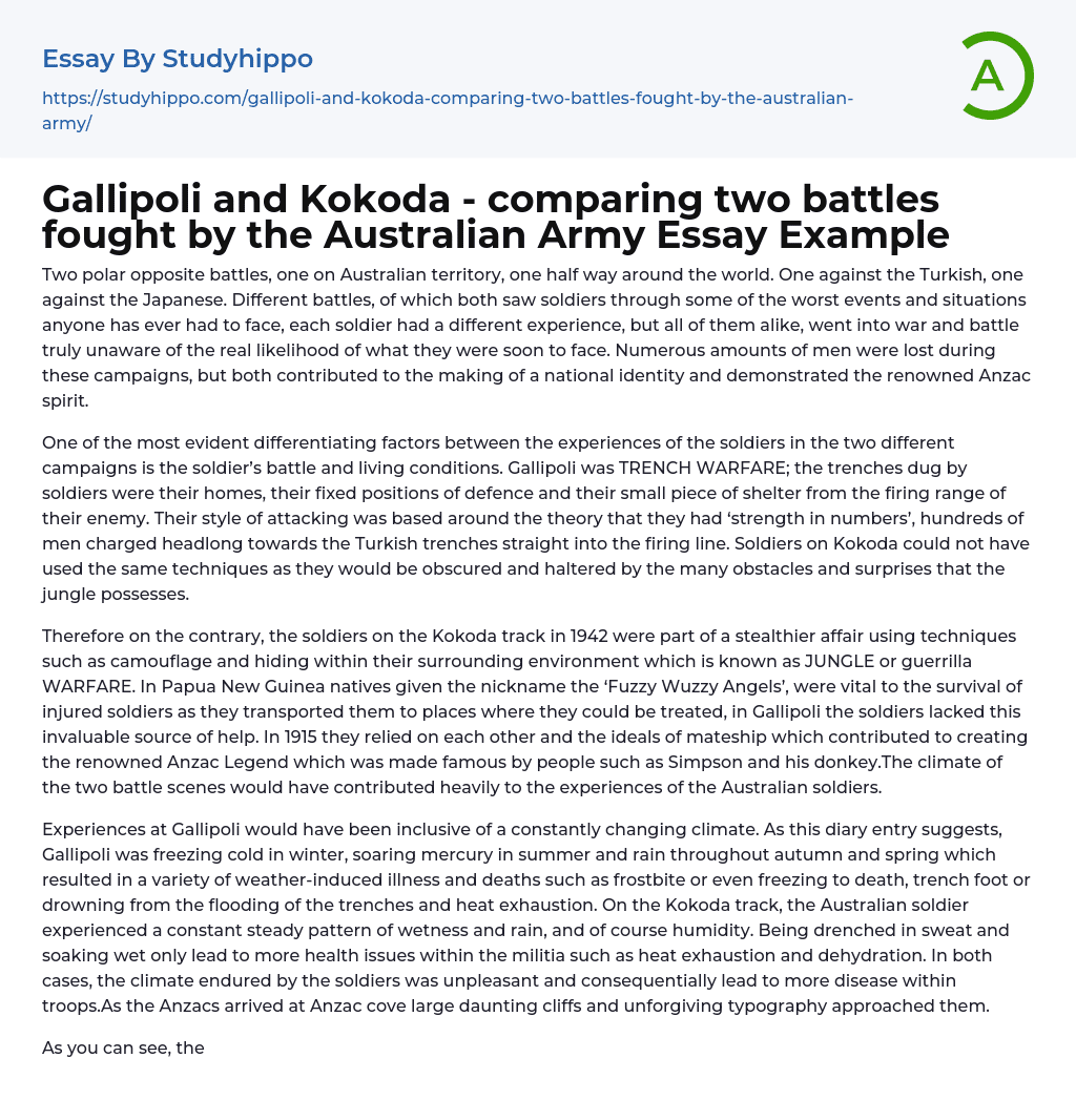 Gallipoli and Kokoda – comparing two battles fought by the Australian Army Essay Example