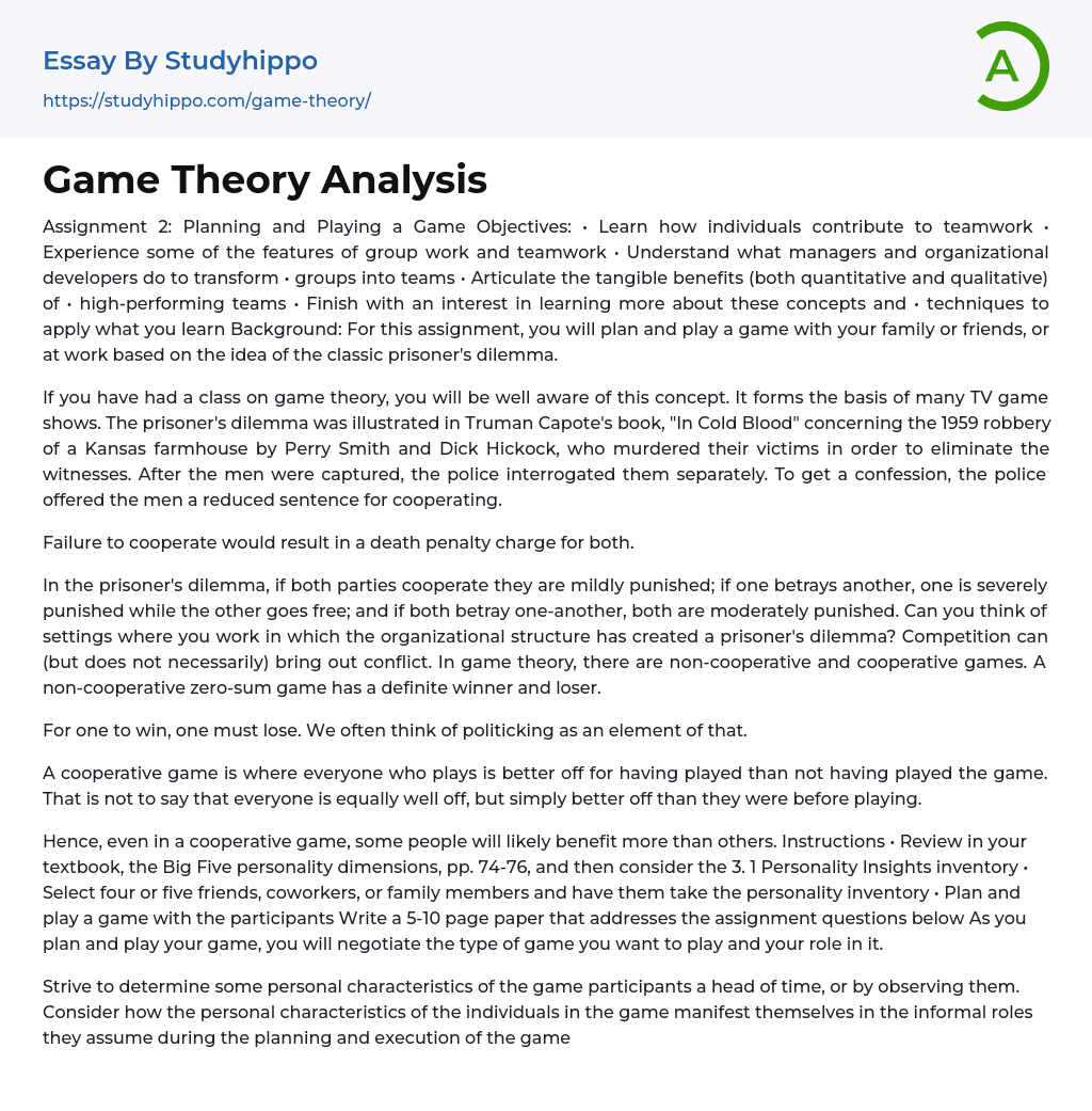 Game Theory Analysis Essay Example