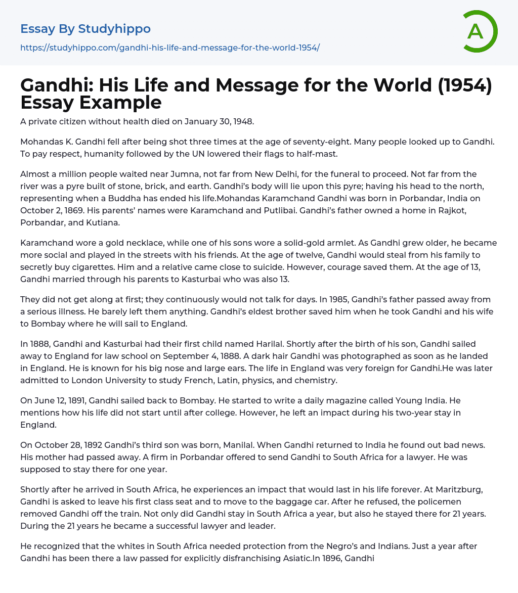 Gandhi: His Life and Message for the World (1954) Essay Example
