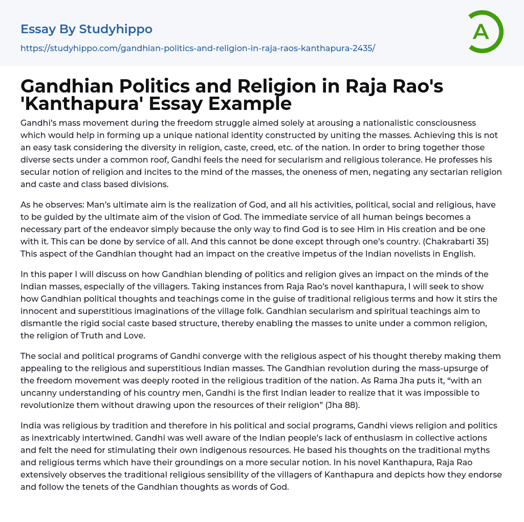 Gandhian Politics and Religion in Raja Rao’s ‘Kanthapura’ Essay Example