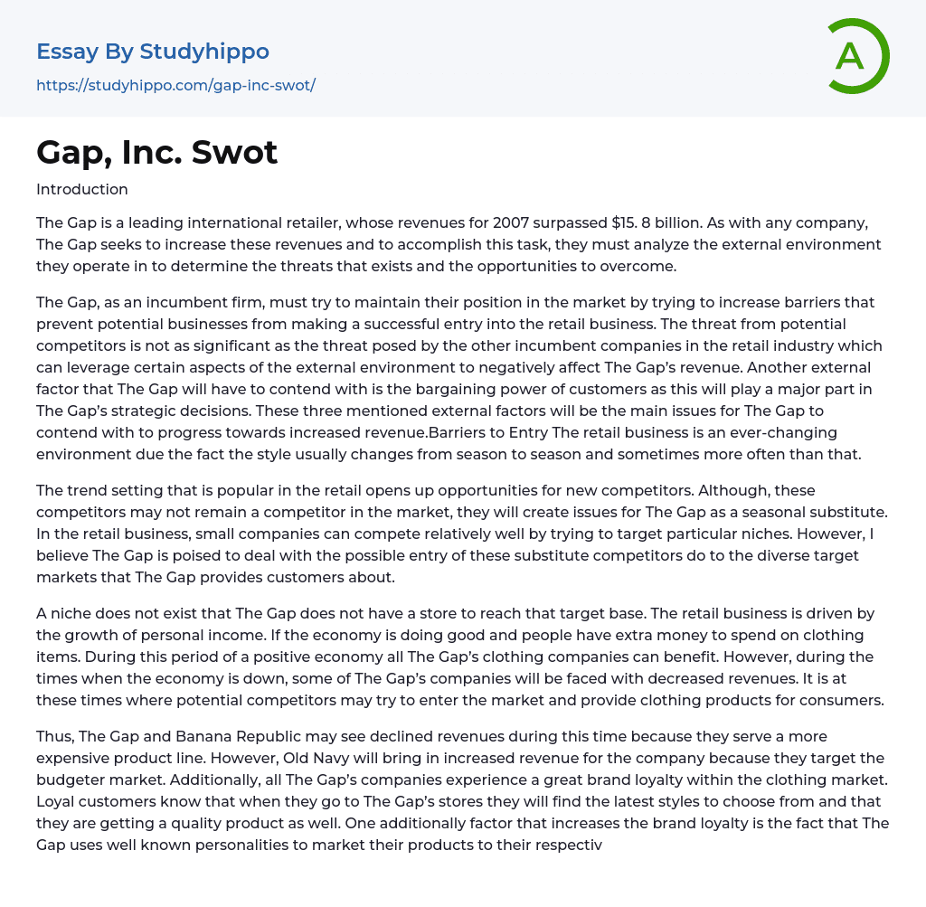 Gap, Inc. Swot Essay Example