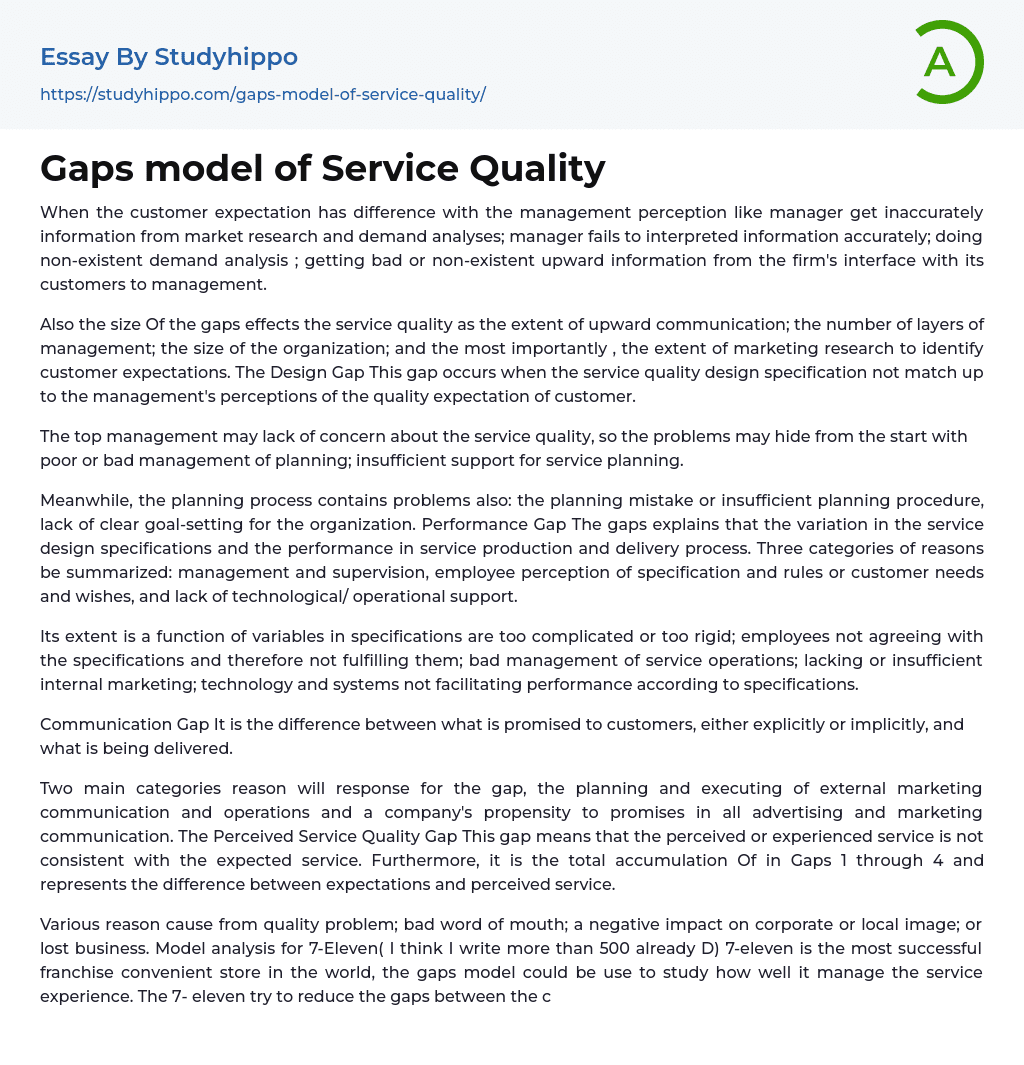 Gaps model of Service Quality Essay Example