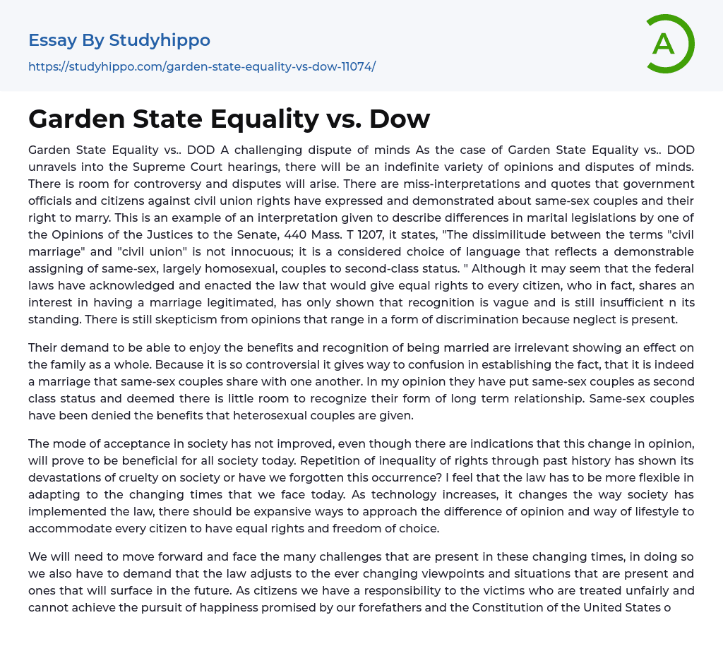 Garden State Equality vs. Dow Essay Example