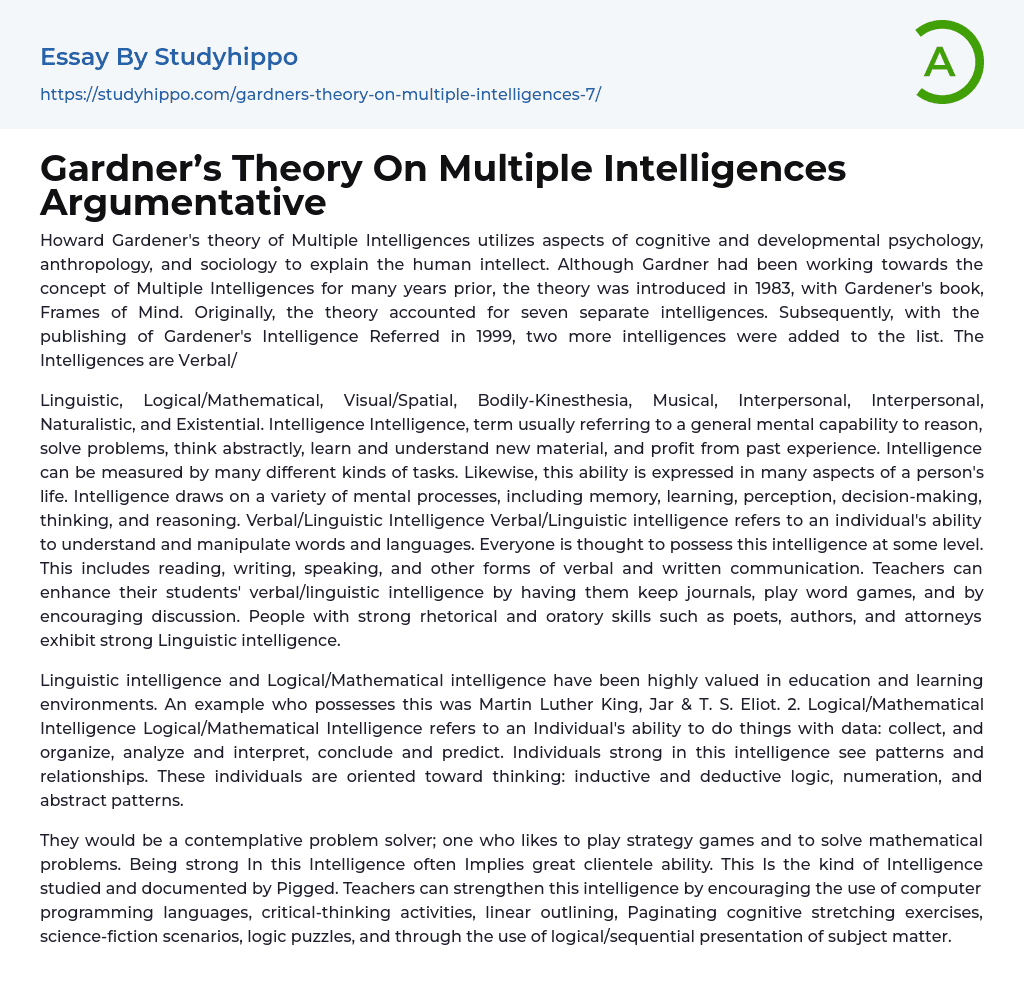 Gardner’s Theory On Multiple Intelligences Argumentative Essay Example