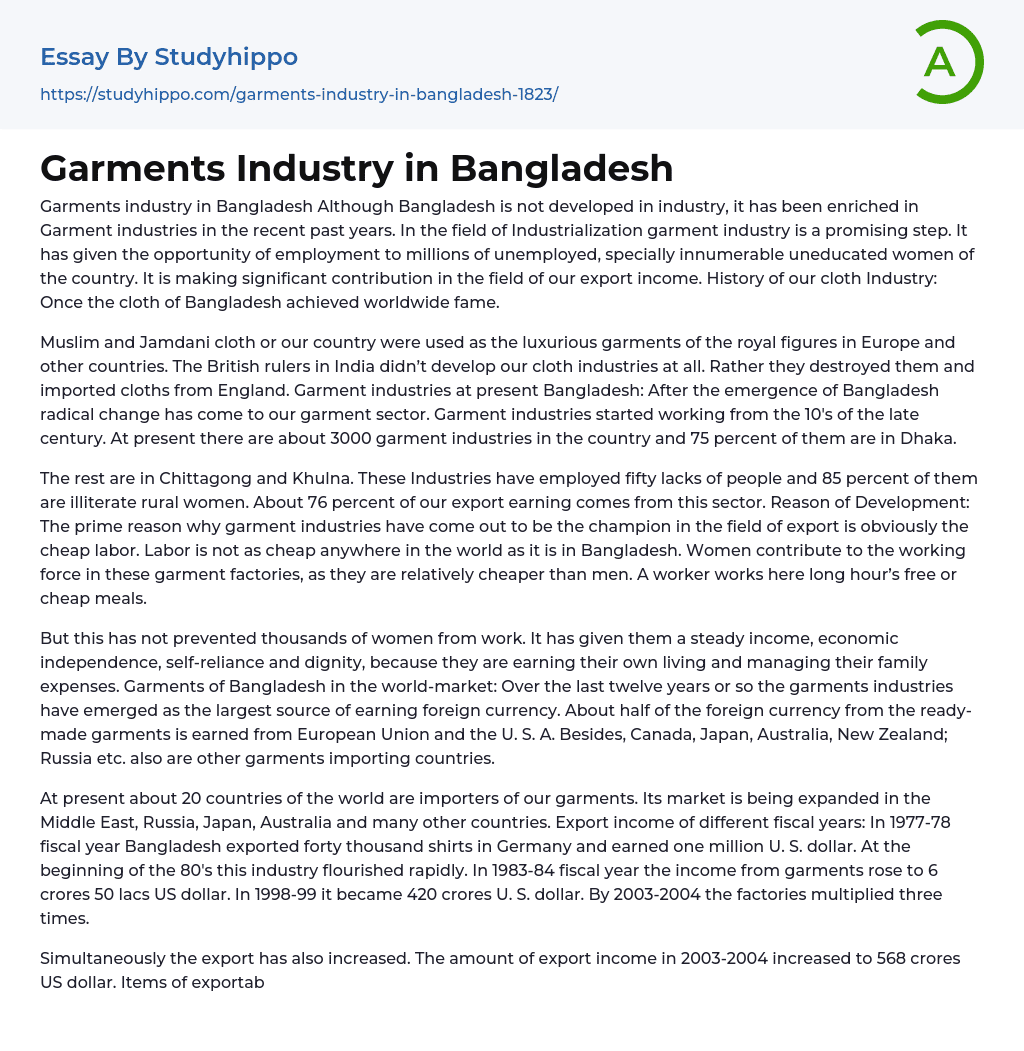 Garments Industry in Bangladesh Essay Example