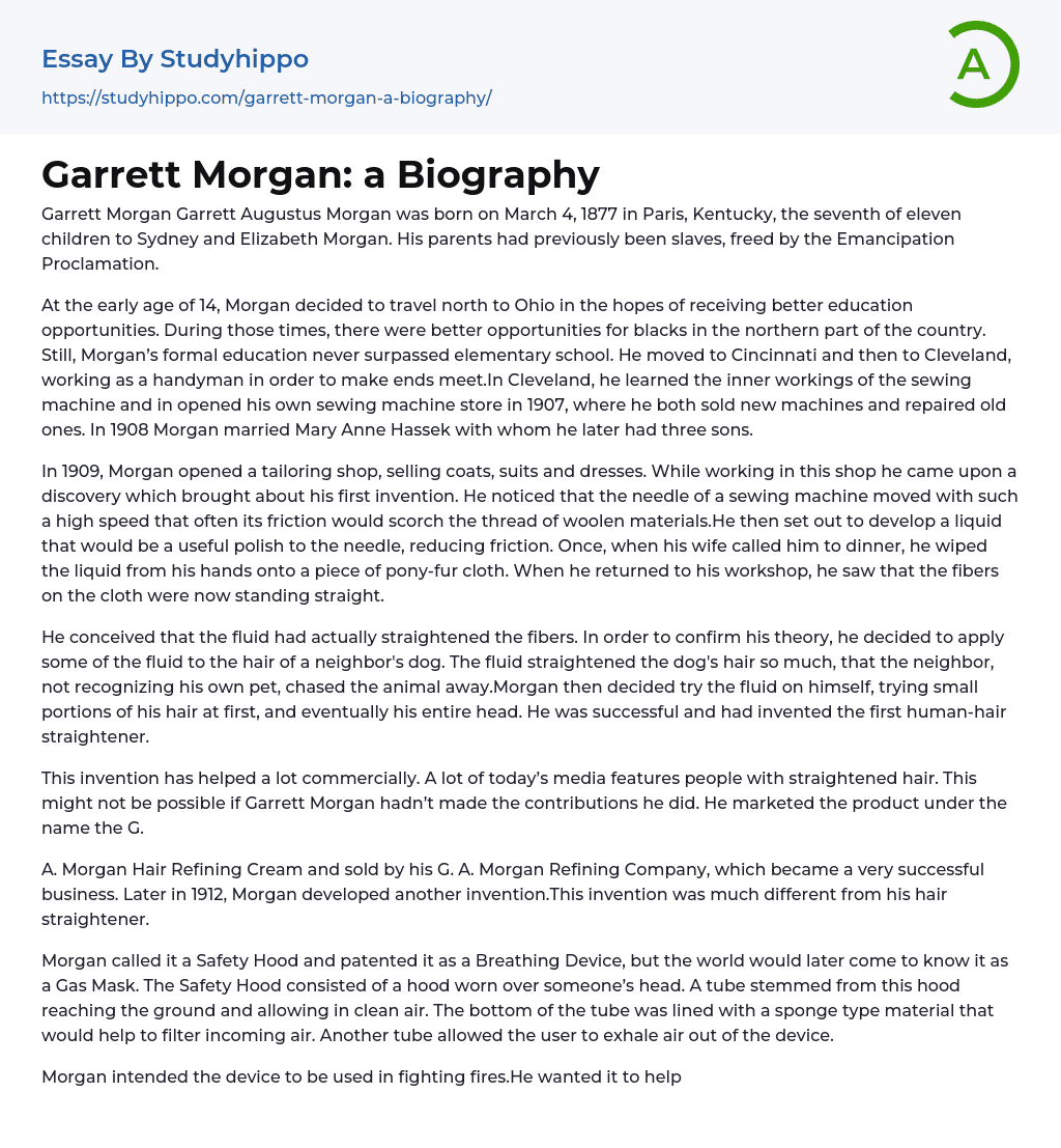 Garrett Morgan: a Biography Essay Example
