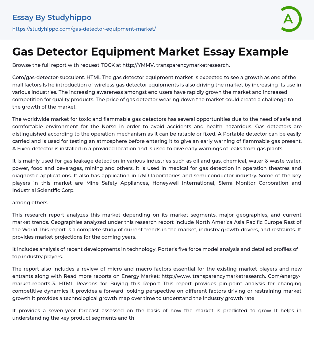 Gas Detector Equipment Market Essay Example