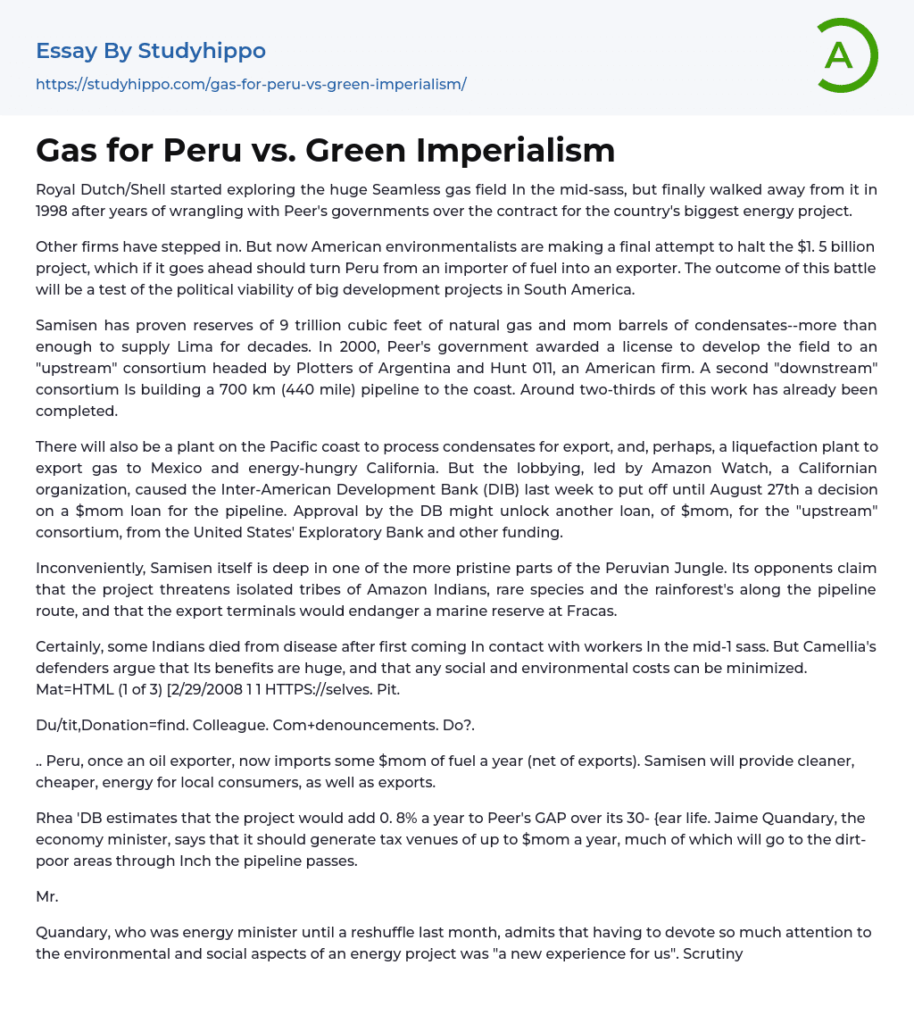Gas for Peru vs. Green Imperialism Essay Example
