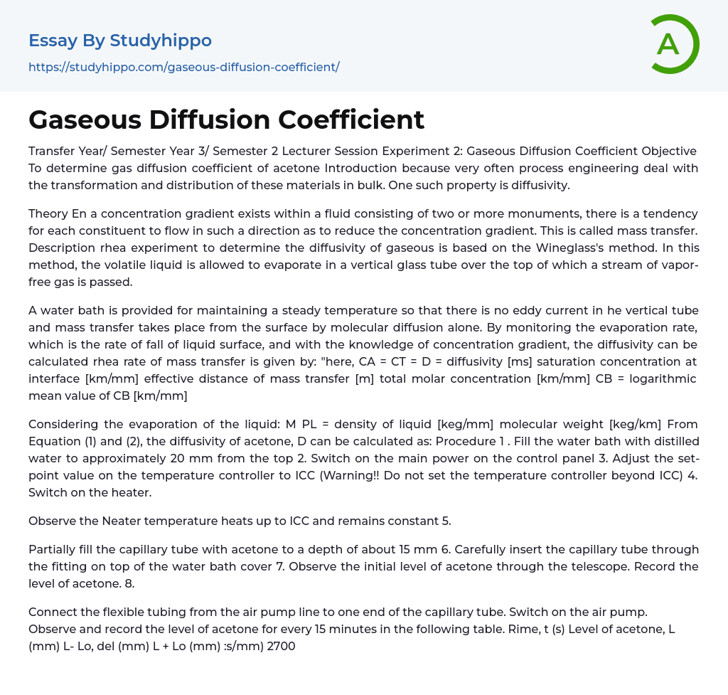Gaseous Diffusion Coefficient Essay Example