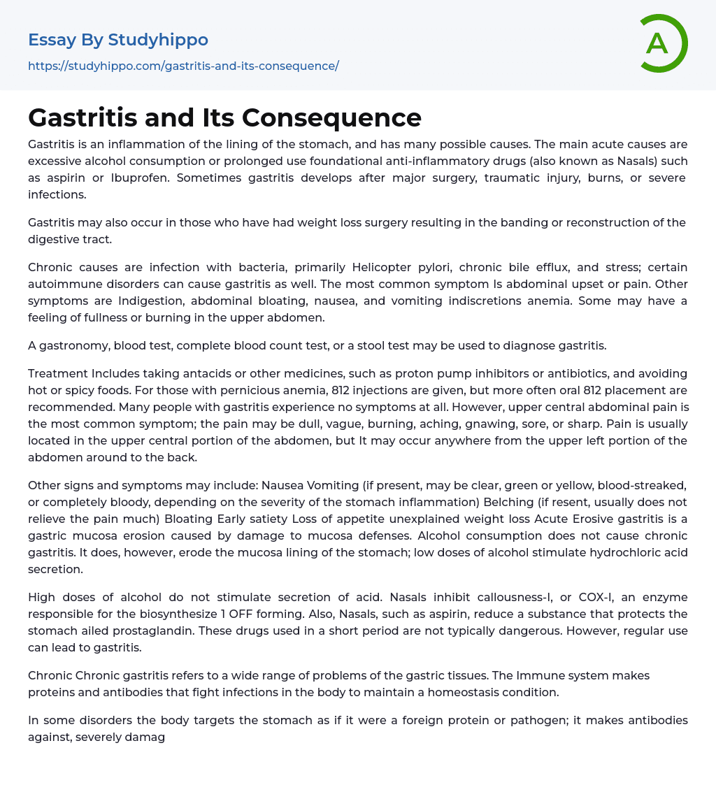 Gastritis and Its Consequence Essay Example
