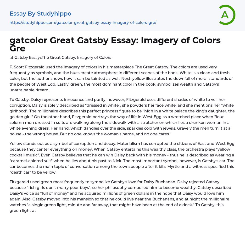 gatcolor Great Gatsby Essay: Imagery of Colors Gre