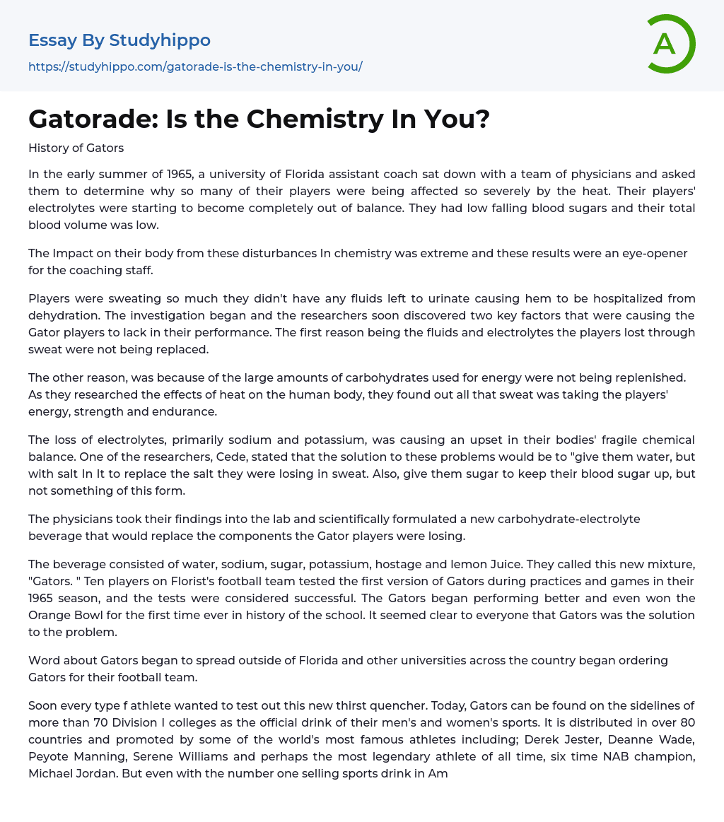 Gatorade: Is the Chemistry In You? Essay Example
