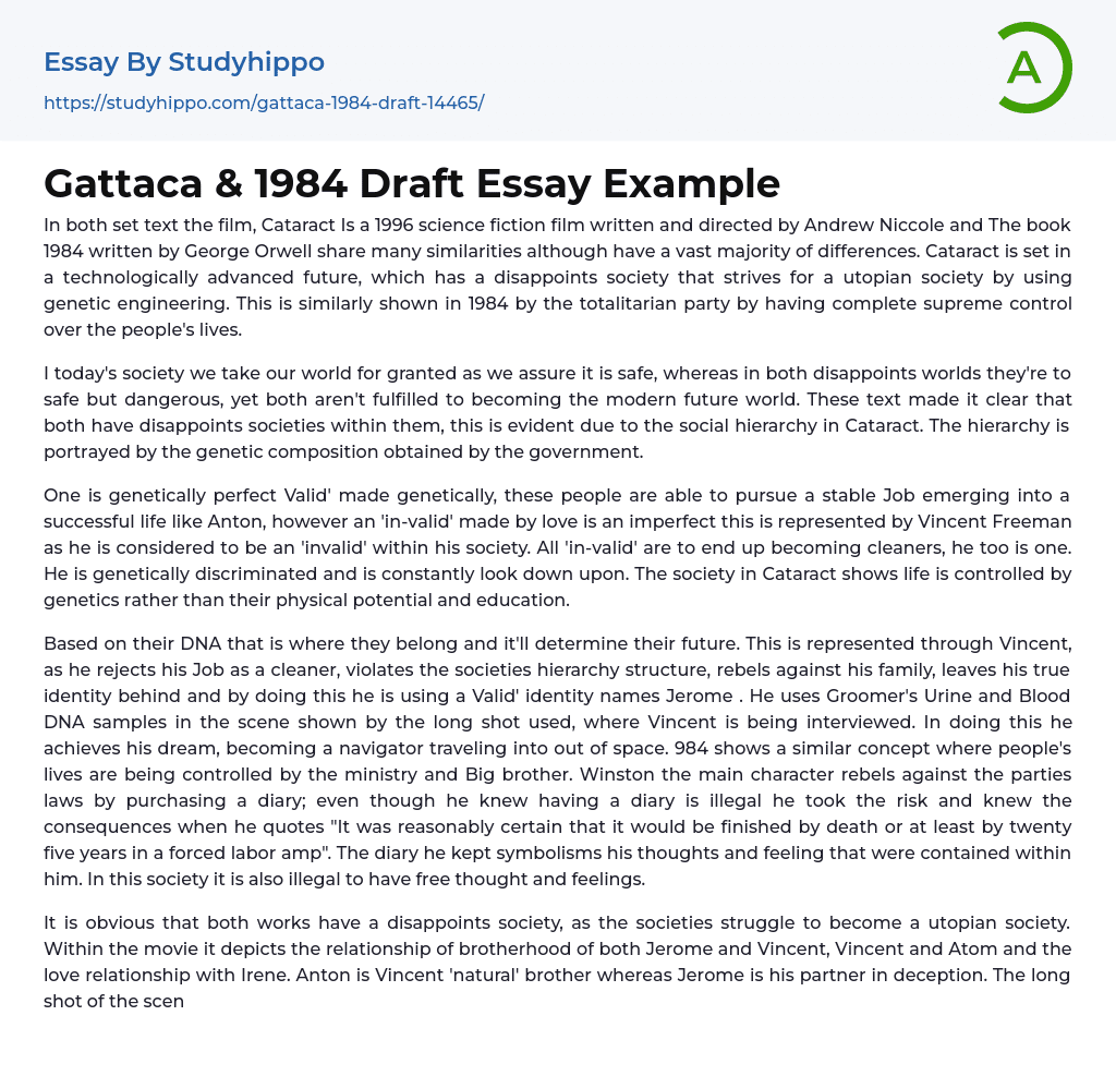 Gattaca & 1984 Draft Essay Example