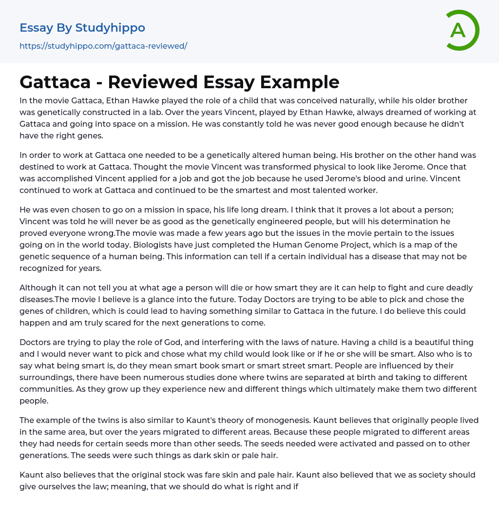 Gattaca – Reviewed Essay Example