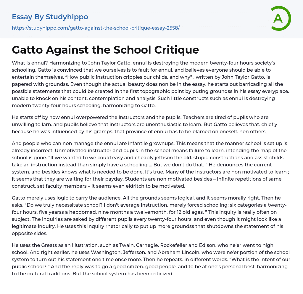 Gatto Against the School Critique Essay Example