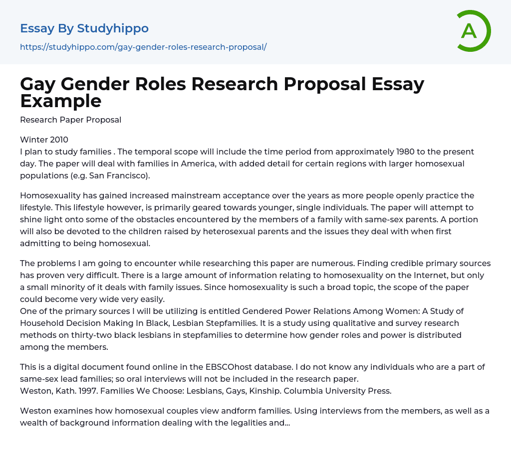 Gay Gender Roles Research Proposal Essay Example