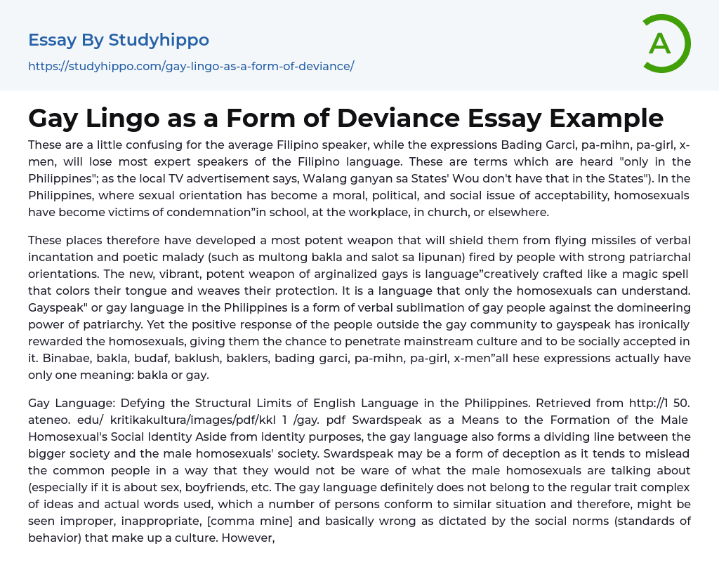 Gay Lingo as a Form of Deviance Essay Example