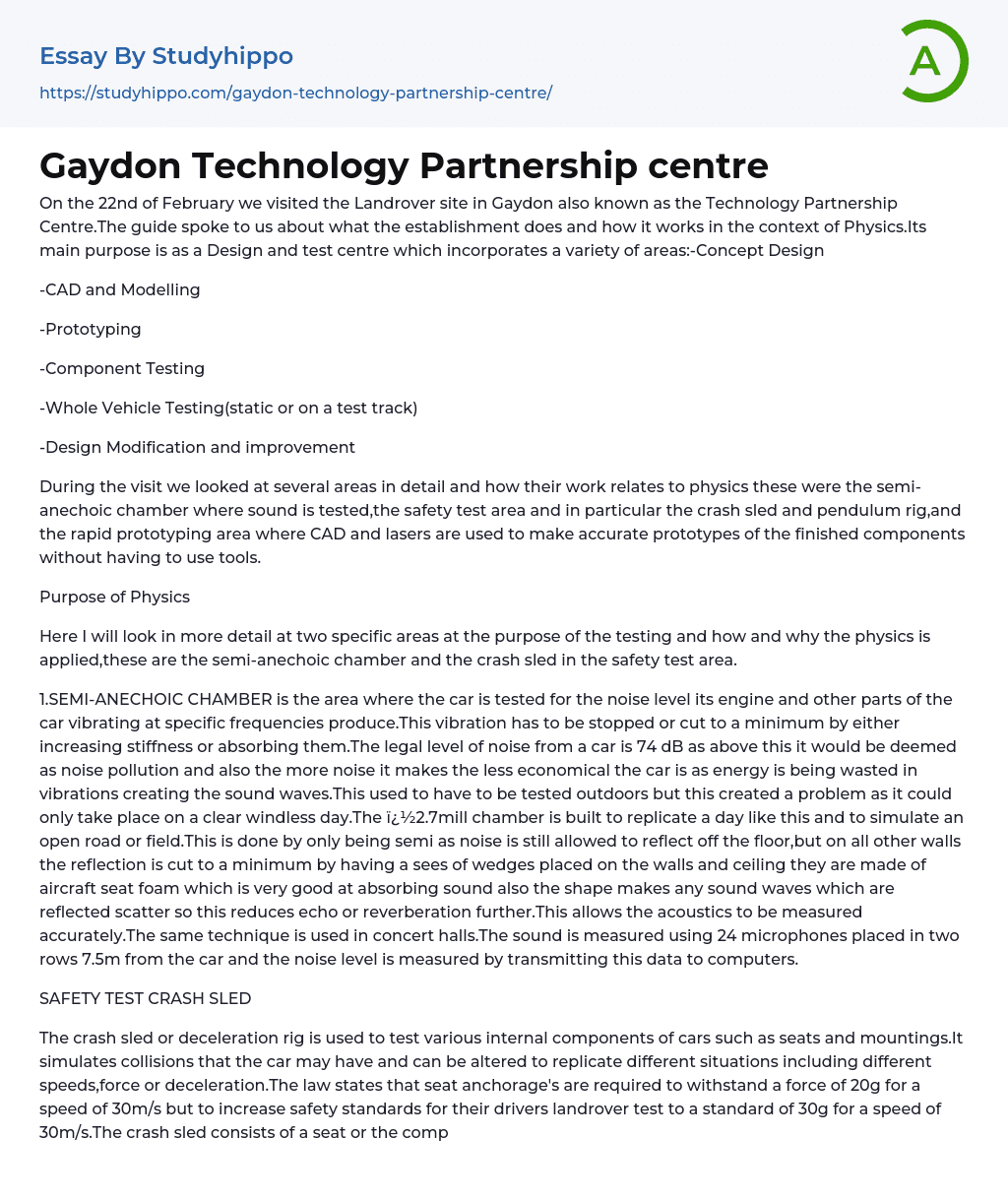 Gaydon Technology Partnership centre Essay Example