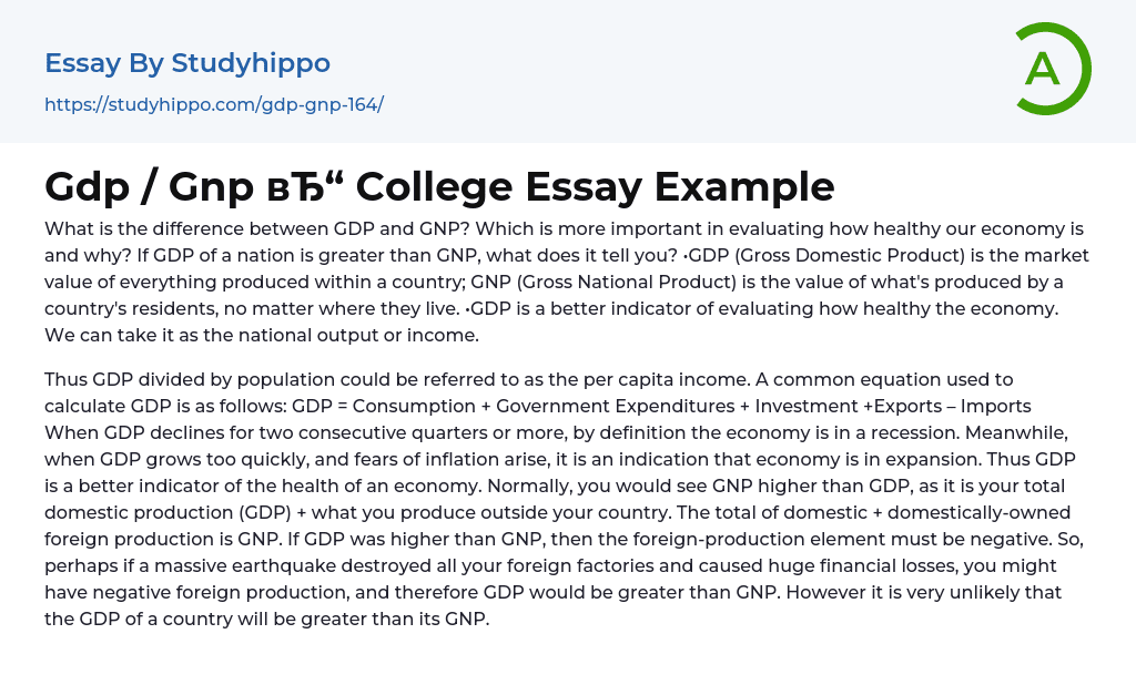 Gdp / Gnp College Essay Example