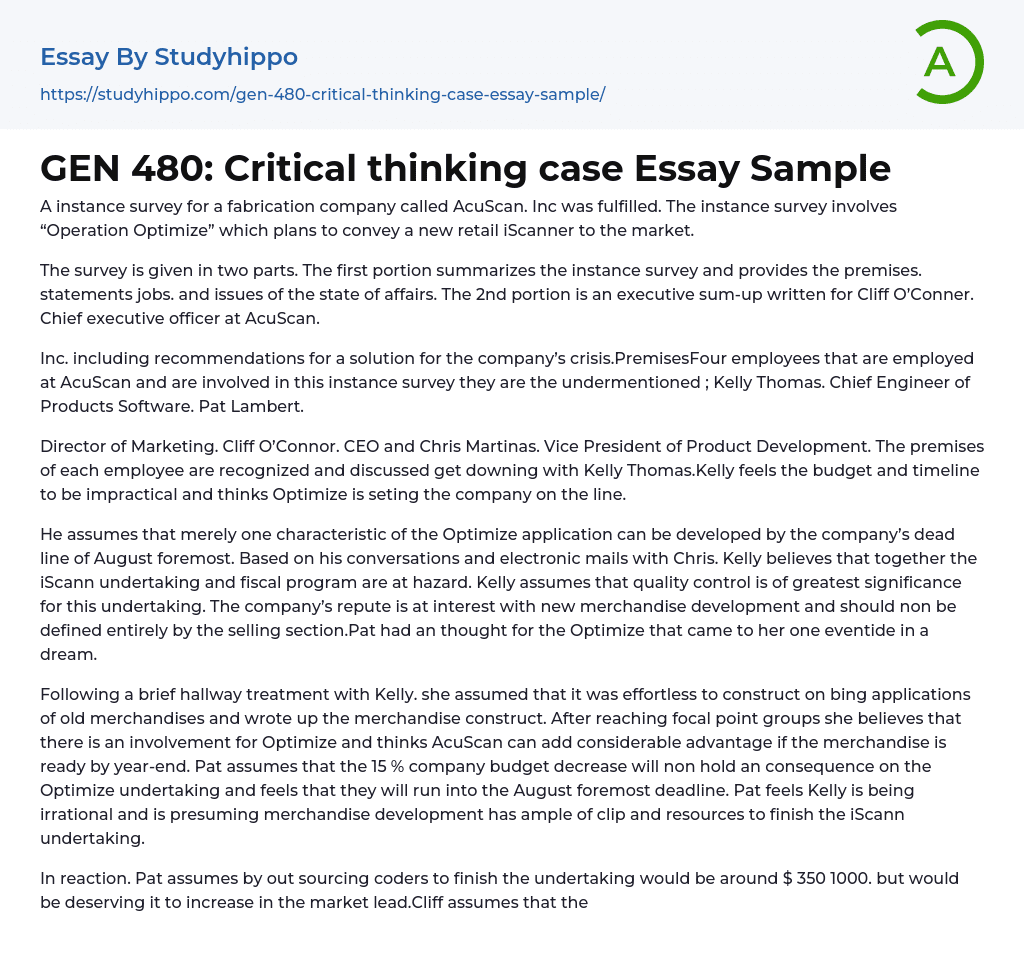 GEN 480: Critical thinking case Essay Sample