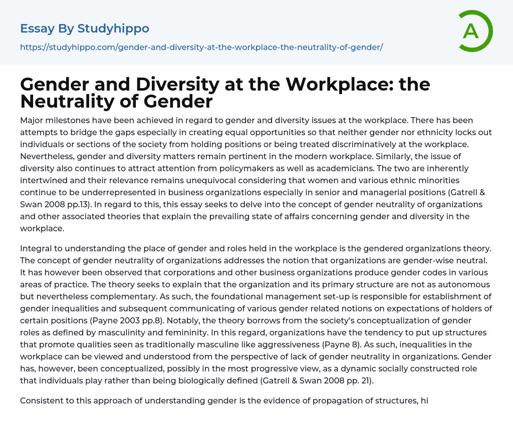 Gender and Diversity at the Workplace: the Neutrality of Gender Essay Example