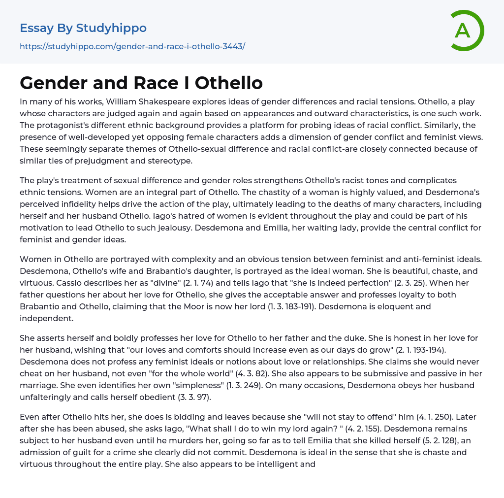 Gender and Race I Othello Essay Example
