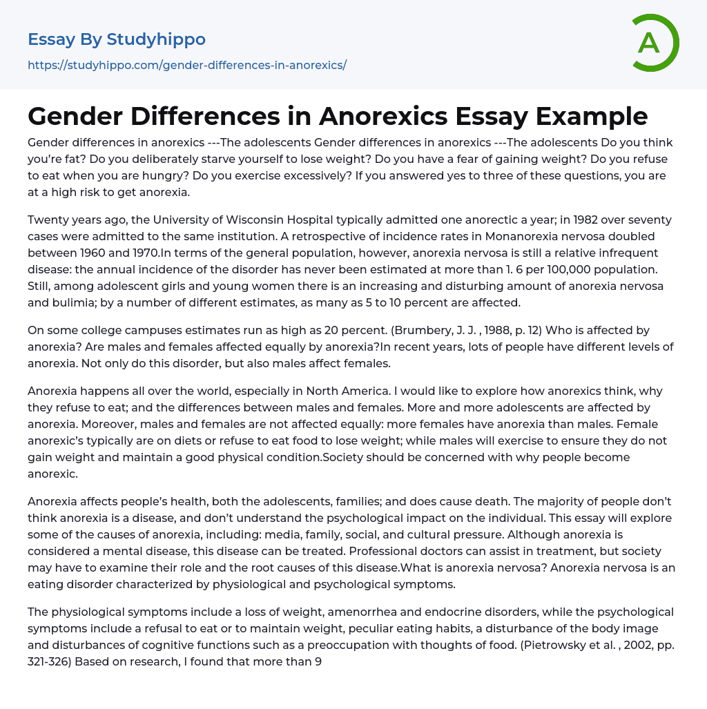 Gender Differences in Anorexics Essay Example