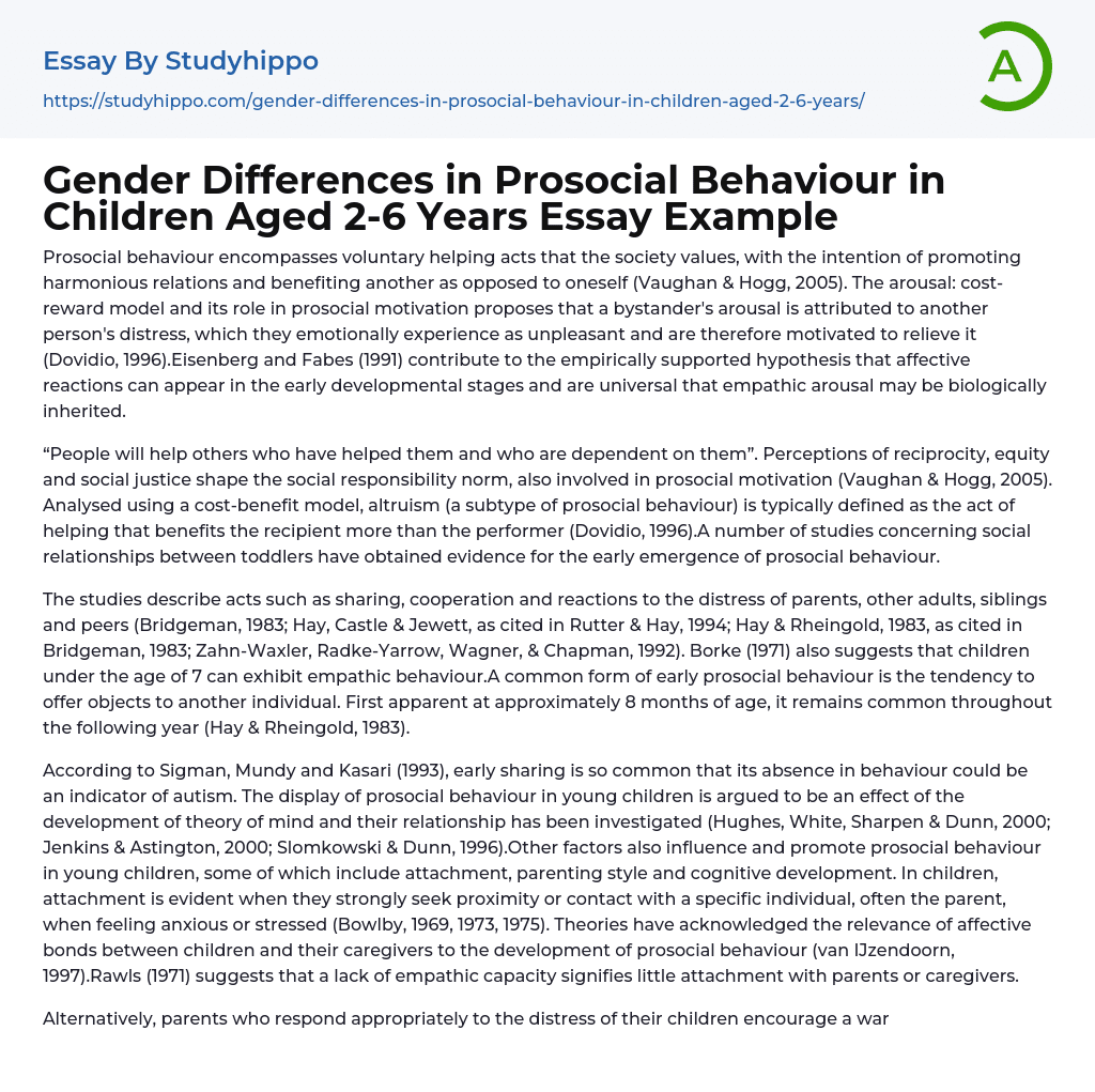 Gender Differences in Prosocial Behaviour in Children Aged 2-6 Years Essay Example