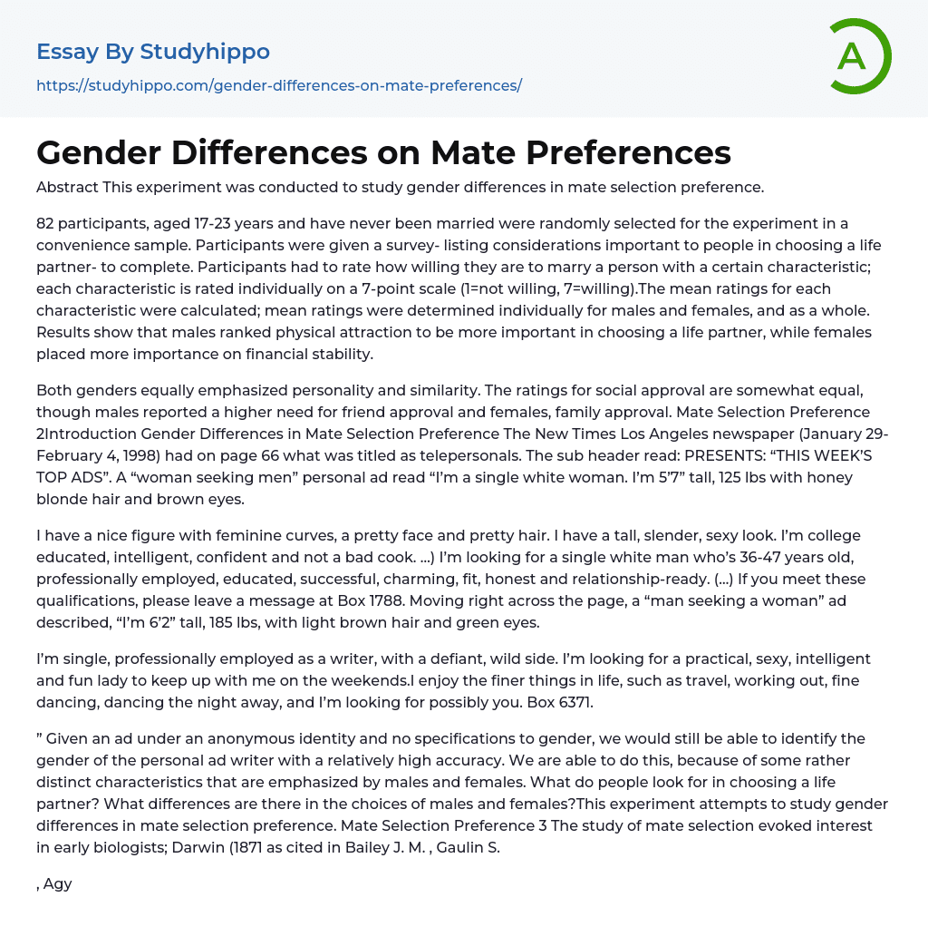 Gender Differences on Mate Preferences Essay Example