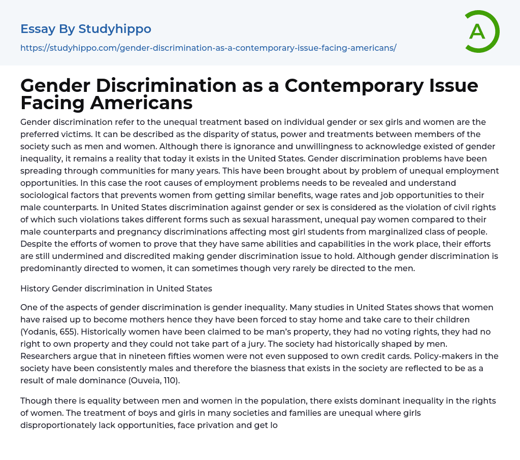 Gender Discrimination as a Contemporary Issue Facing Americans Essay Example
