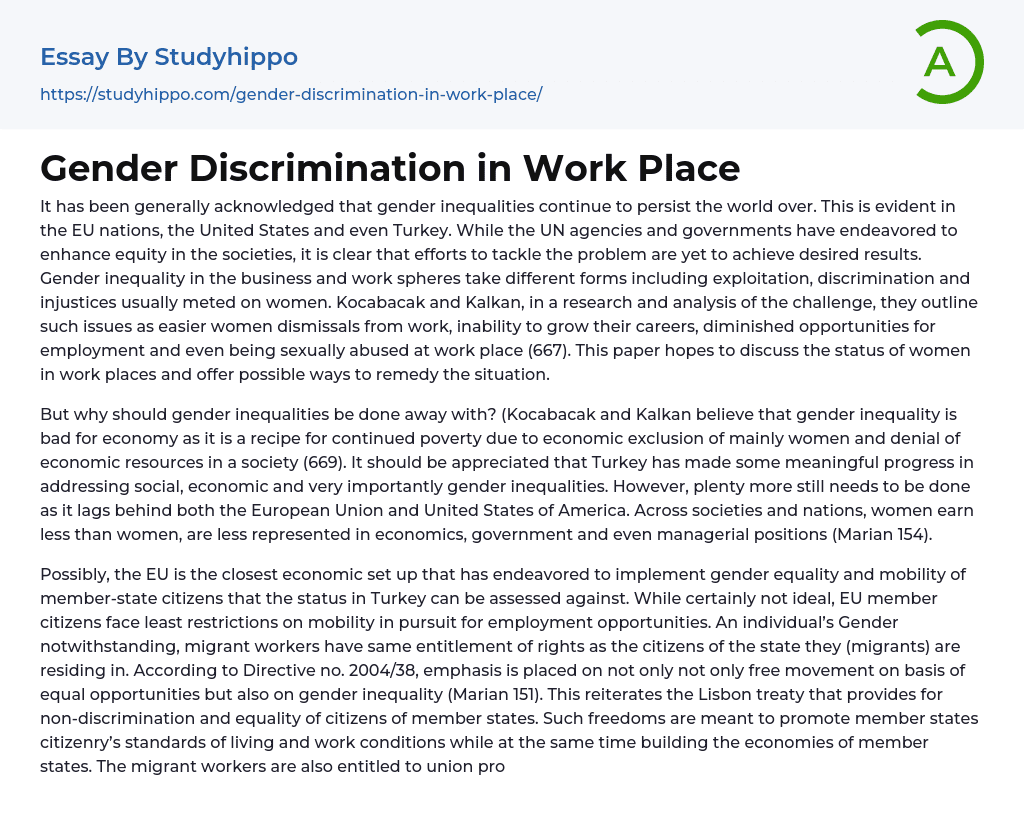 Gender Discrimination in Work Place Essay Example