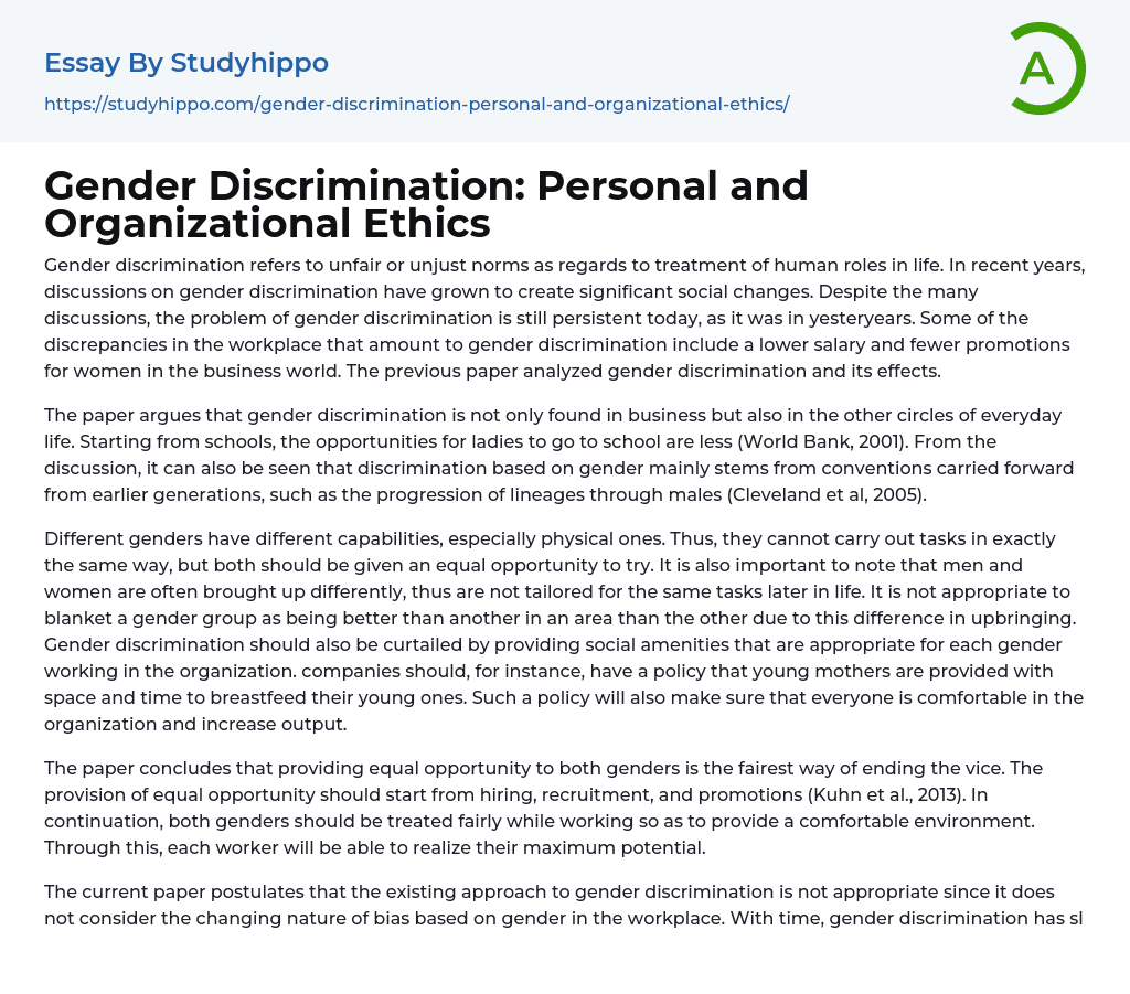 Gender Discrimination: Personal and Organizational Ethics Essay Example